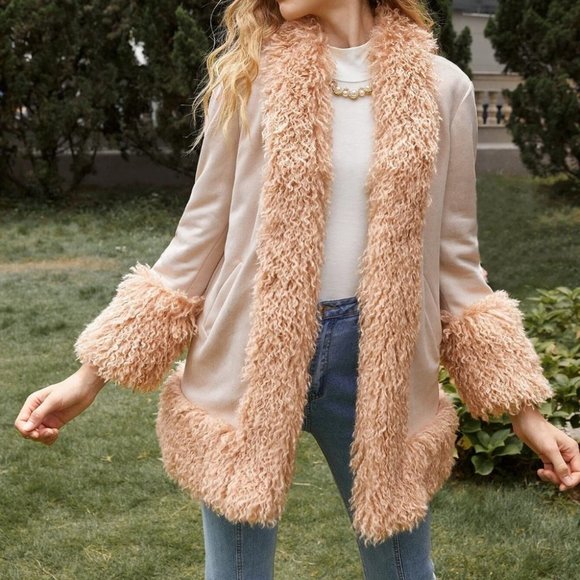 boho faux fur faux leather edge detailing coat jacket - Picture 6 of 12